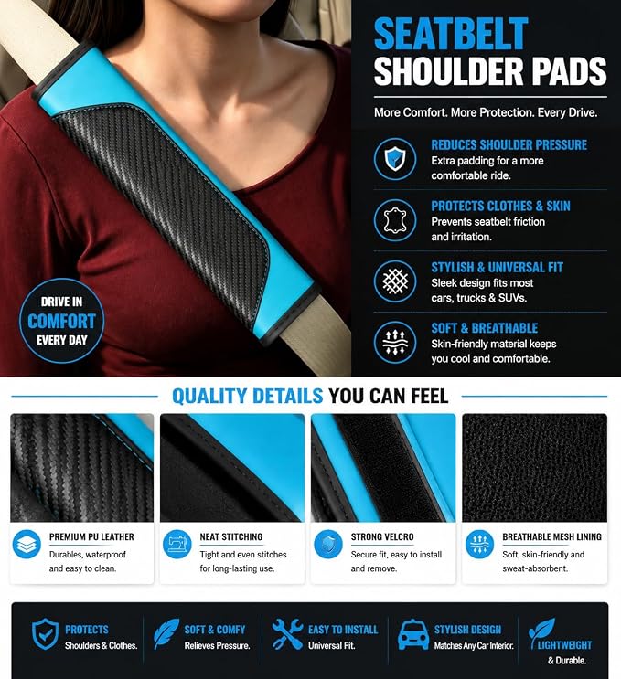 Carbon Fiber PU Leather Seat Belt Covers - 2Pcs, Black and Blue Sporty Seat Belt Pads, Universal Fit for Car Truck SUV - Image 3