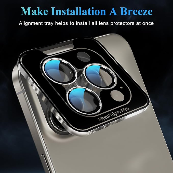 YWXTW Camera Lens Protector for iPhone 16 Pro/iPhone 16 Pro Max, [1 Step Installation Tray] Tempered Glass Screen Protector Metal Individual Camera Cover Accessories (Natural Titanium-2Pack) - Image 5
