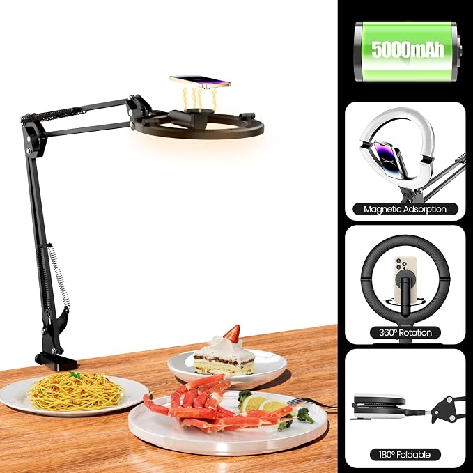 10" Magnetic Ring Light Overhead Camera Phone Mount, XINBAOHONG LED Selfie Light with Stand and Phone Holder, Rechargeable Desk Light for Video Recording - Image 2