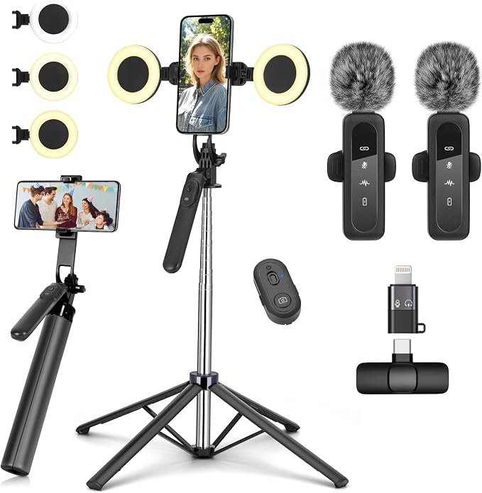 Vlogging Kit for iPhone/Android, Metal Selfie Stick Tripod for iPhone with Light and Microphone,70 inch Tall Adjustable Phone Tripod for TikTok/YouTube Starter Content Creator Essentials Kit by YUANRAN