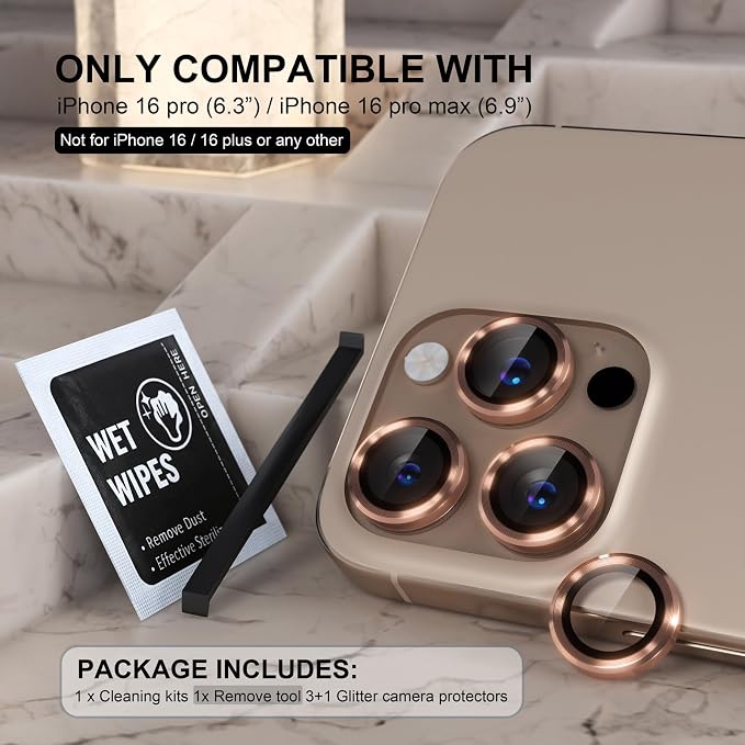Choiche for iPhone 16 Pro/iPhone 16 Pro Max Camera Lens Protector | Ultra HD, 9H Tempered Glass Camera Cover Screen Protector Metal Ring Decoration Accessories (Titanium Desert) - Image 2