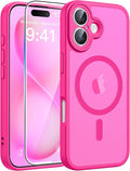 FNTCASE for iPhone 16 Plus Case, Fit for Magsafe, Screen Protector Hot Pink | Full Camera Protection, Translucent Matte, 14FT Military Grade Drop Proof, Shockproof Protective Phone Cover, Hot Pink by FNTCASE