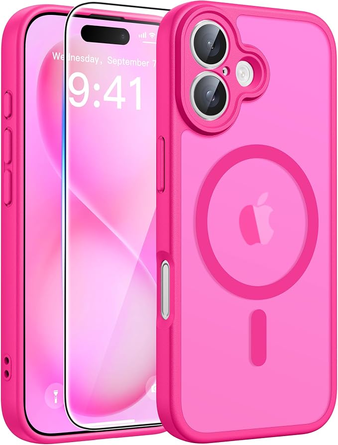 FNTCASE for iPhone 16 Plus Case, Fit for Magsafe, Screen Protector Hot Pink | Full Camera Protection, Translucent Matte, 14FT Military Grade Drop Proof, Shockproof Protective Phone Cover, Hot Pink by FNTCASE