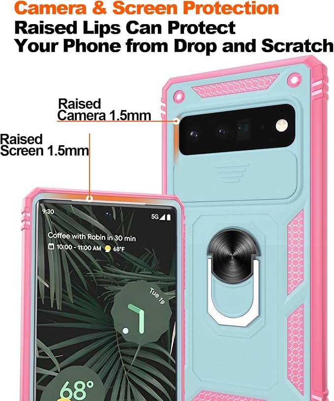 for Google Pixel 6 Pro Case with Slide Camera Cover & Screen Protector (2 PCS), Pixel 6 Pro Case Build in 360° Rotating Ring Kickstand, Military Grade Protective Case for Google 6 Pro Case, Green+Pink - Image 5
