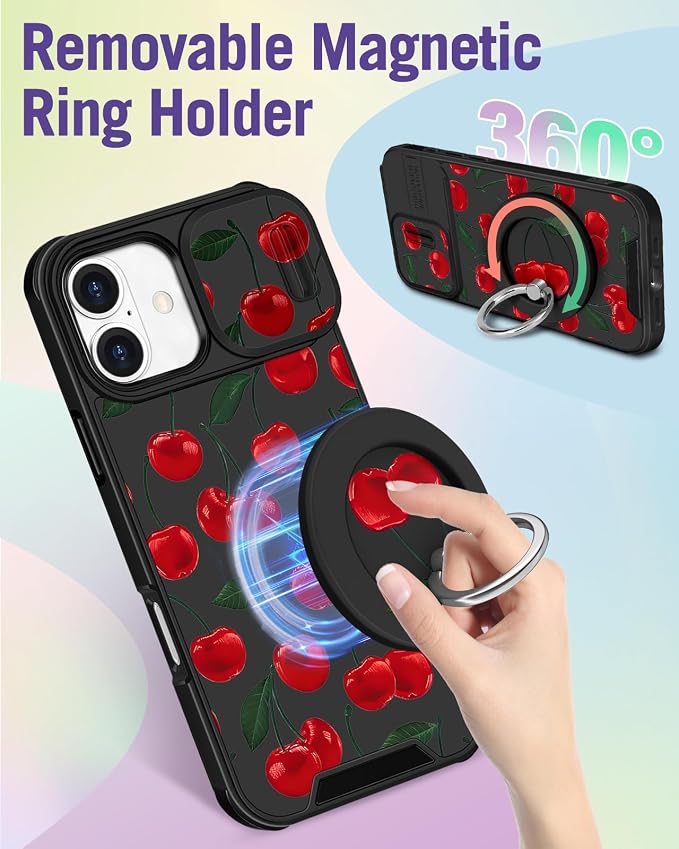 Buleens for iPhone 16 Case 6.1 Inch - with Ring Stand & Camera Cover Aesthetic Cute Designed for Women Girls Girly Pretty Kawaii Cherry Unique Teen Phone Case for iPhone 16 Compatible with Magsafe - Image 5