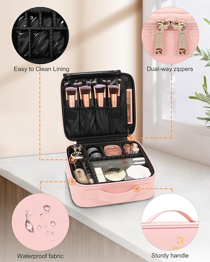 Relavel Travel Makeup Train Case Cosmetic Case Organizer Portable Artist Storage Bag with Adjustable Dividers for Cosmetics Makeup Brushes Toiletry Jewelry Digital Accessories (Pink) - Image 4