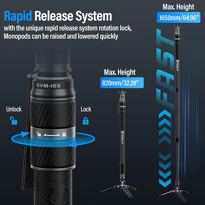 SIRUI SVM-165 Carbon Fiber Rapid Monopod, One-Step Height Adjust, 65" | 22LB Load, Monopod with Feet, Modular 3-in-1, Lightweight, DSLR, Mirrorless Camera, Travel, Outdoor - Image 2