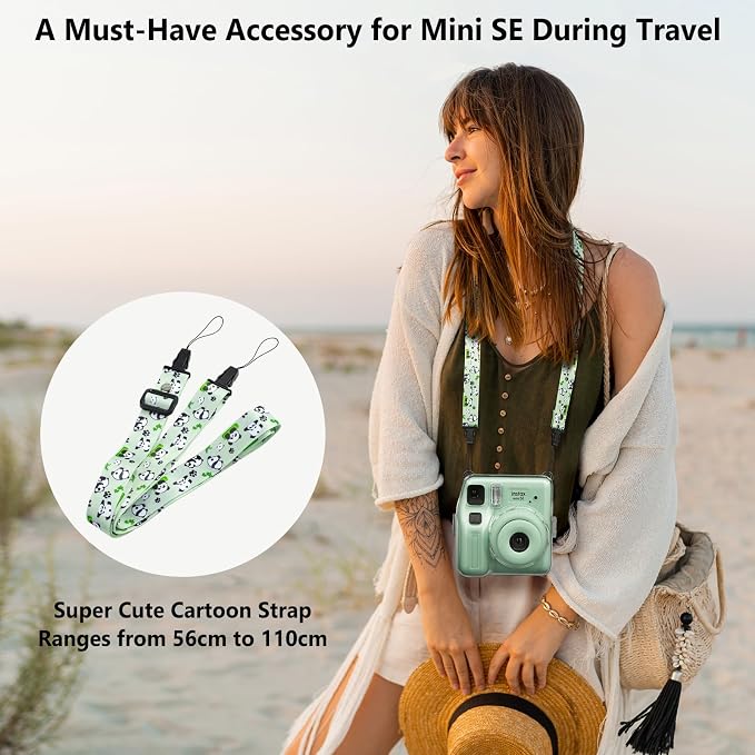 Fuji Mini SE Clear Case, Hard PC Protective Case for Instax Mini SE Instant Camera with Cute Cartoon Sticker & Adjustable Shoulder Strap - Green Lovely Panda - Image 6