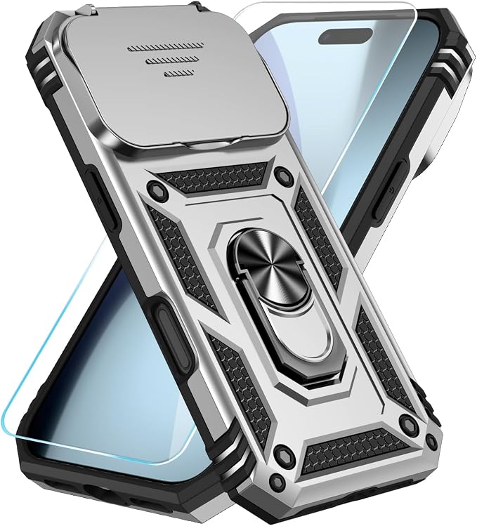 SunStory Phone Case for iPhone 17 Pro Case with HD Screen Protector & Slide Camera Cover & Rotated Ring Kickstand, [Military-Grade] Phone Case for iPhone 17 Pro, Silver by SunStory