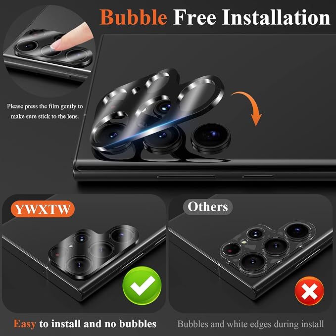 YWXTW 3 Pack for Samsung Galaxy S23 Ultra Camera Lens Protector, 9H Tempered Glass S23 Ultra Camera Cover, Anti Scratch, Case Friendly - Image 4
