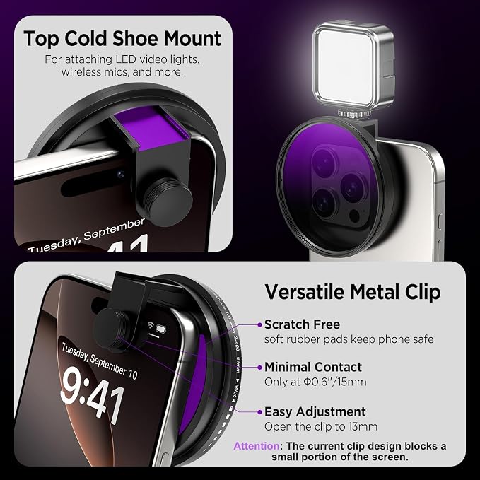 Universal Lens Filter Clip, 67mm Threaded Filter Adapter Mount for Phone Photography, Compatible with 67mm Threaded Filters & LED Lights, Built-in Cold Shoe Mount - Image 4