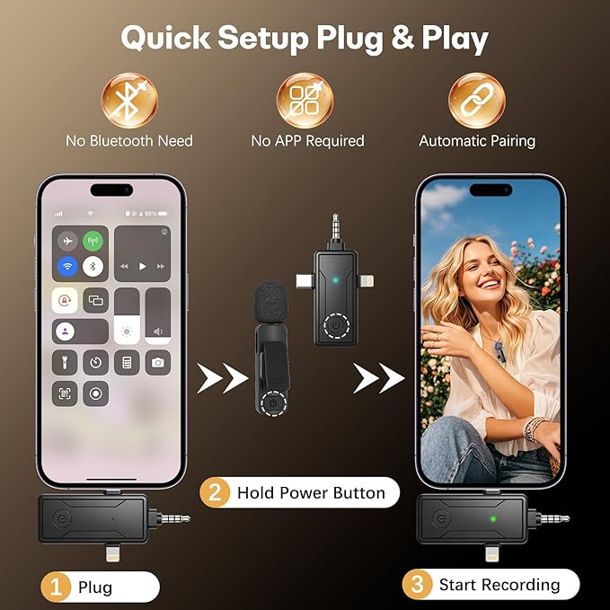 3 in 1 Wireless Mini Microphone for iPhone Android Phone Camera: Lavalier Lapel Mic for Video Recording - Noise Cancelling Clip on Shirt Microphones for Tiktok YouTube Podcast Vlogging - Image 3