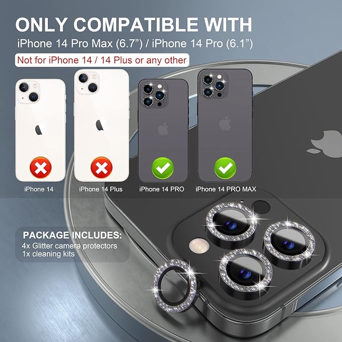 Choiche for iPhone 14 Pro/iPhone 14 Pro Max Camera Lens Protector | Ultra HD, Bling 9H Tempered Glass Camera Cover Screen Protector Metal Ring Decoration Accessories (Glitter-Black) - Image 2