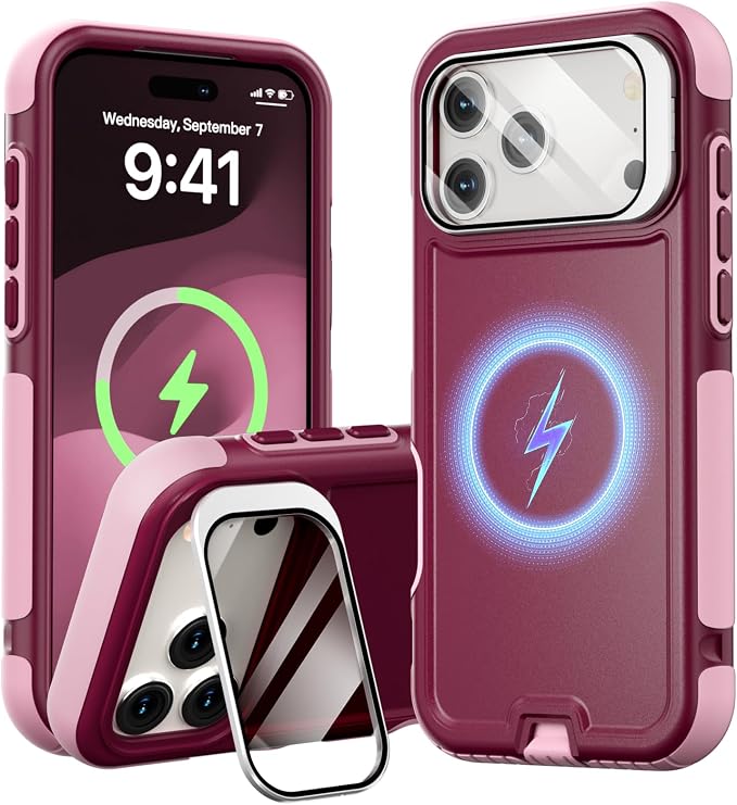 Follaroma Magnetic for iPhone 17 Pro Case with Camera Stand, Purple Pink | Built-in Glass Camera Cover Stand,Compatible with MagSafe,Heavy Duty Shockproof Protective,Military-Grade Anti-DropDual Case by Follaroma