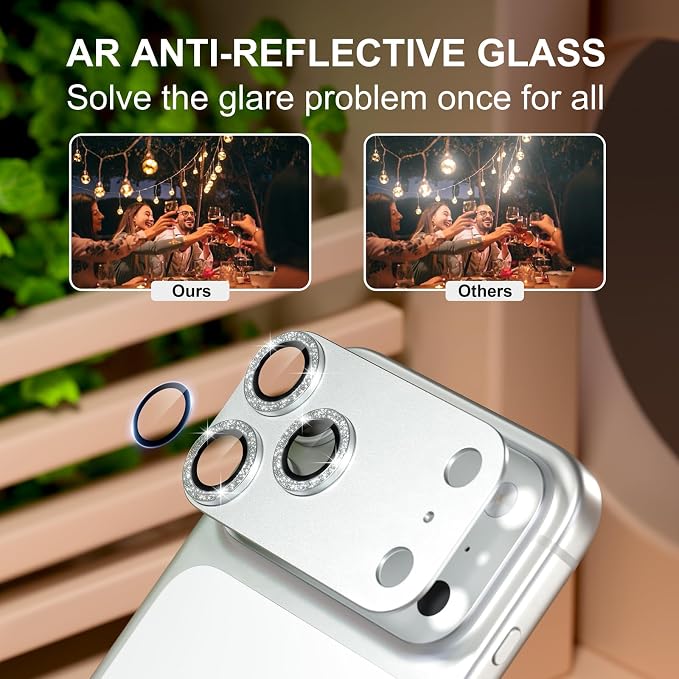 for iPhone 17 Pro Camera Lens Protector, Glitter Silver | [Military Grade Shatterproof] [Strong Adsorption] [Case Friendly] Matte Metal Tempered Glass Camera Screen Cover Accessories - Image 3