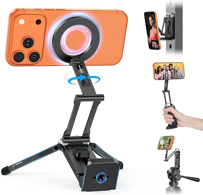 OMOTON TP02 360°Rotating for MagSafe Tripod, Upgrade with 1/4" Screw, Arca | Adjustable Magnetic Phone Tripod for iPhone 17/16/15 Pro Max Air, Foldable Selfie Stick Fits Vlog, Gym, Travel, Black Pro by OMOTON