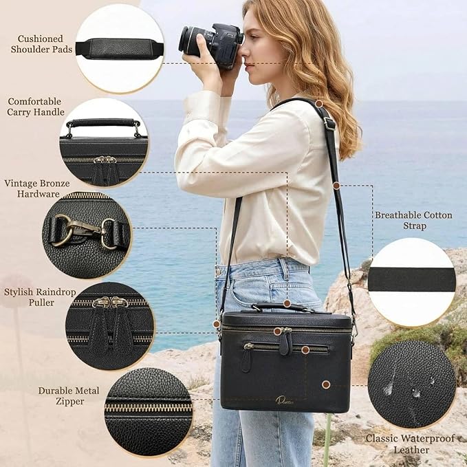 Camera Sling Bag, Waterproof PU Leather Crossbody Camera Case for Photographers, Small Shoulder Bag Compatible for Canon Nikon Sony (Black) - Image 5