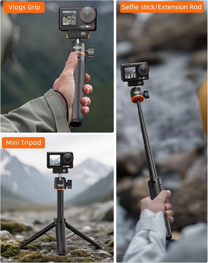 21" Osmo Action Selfie-Stick Tripod for DJI Action 5 Pro/4/3,Osmo 360, Portable Travel Vlogging Stand, 2-in-1 Handle Grip w Mini Extension Rod & 360° Ball Head, Accessories for Video Recording - Image 3