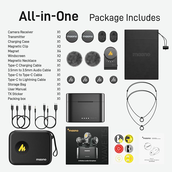 MAONO T5 Wireless Lavalier Microphone for Camera (2 TX+1 RX+Charing Case) | Magnetic Lapel Mini Mic with 48khz/24bit Audio, AI Noise Reduction,1000ft, 40H, Gain Knob for Video Recording Content Creator - Image 9