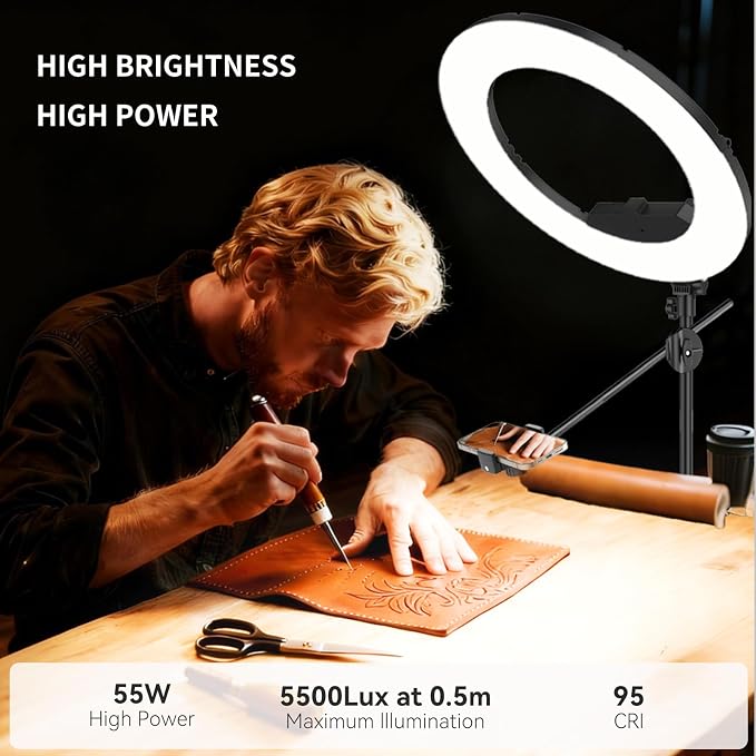 55W18 45cm Ring Light Kit [New Version] 6700K Dimmable LEDRinglightTripod Stand Dual Phone Holder for iPhone Selfie Makeup LashTattoo Studio Lighting Painting,Photo Video Recording (Black) - Image 3