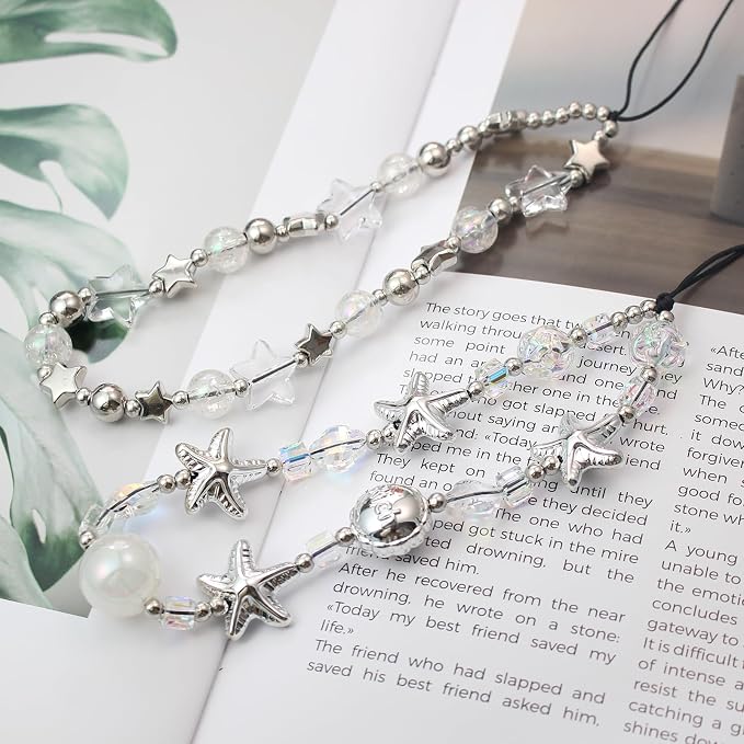 Beaded Camera Wrist Strap,Cute Phone Charm Decor,Pearl Bracelet Wrist Strap | Phone Keychain Decoration for Wallet,Durable Nylon Rope Lanyard,Compatible with all Phone Case,Silver Star - Image 2