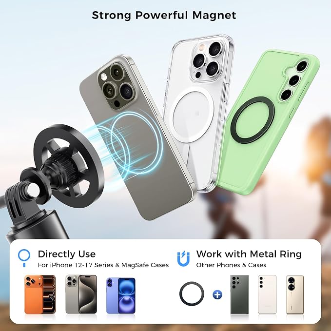 25 Inch Magnetic Selfie Stick Tripod, 5-in-1 Compact Phone and Camera Stand with 1/4-Inch Adapter, Lightweight Travel Grip for iPhone, Osmo Pocket 3, Action Cameras and Vlogging - Image 3