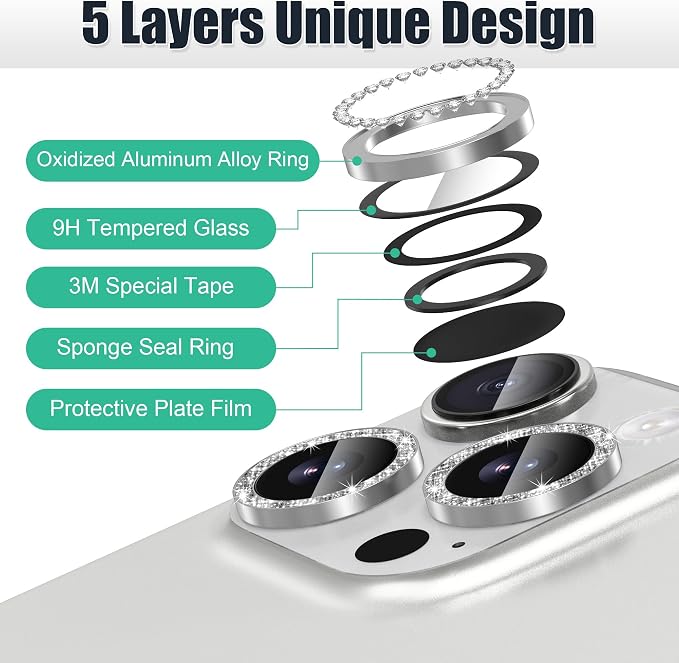 AGVEE 3+3 6 Pack for iPhone 16 Pro & Max Camera Lens Protector Cover | Individual Bling Diamond & Bling Glitter Sparkle Cute Gem Metal Ring, 9H Tempered HD Glass - Image 7