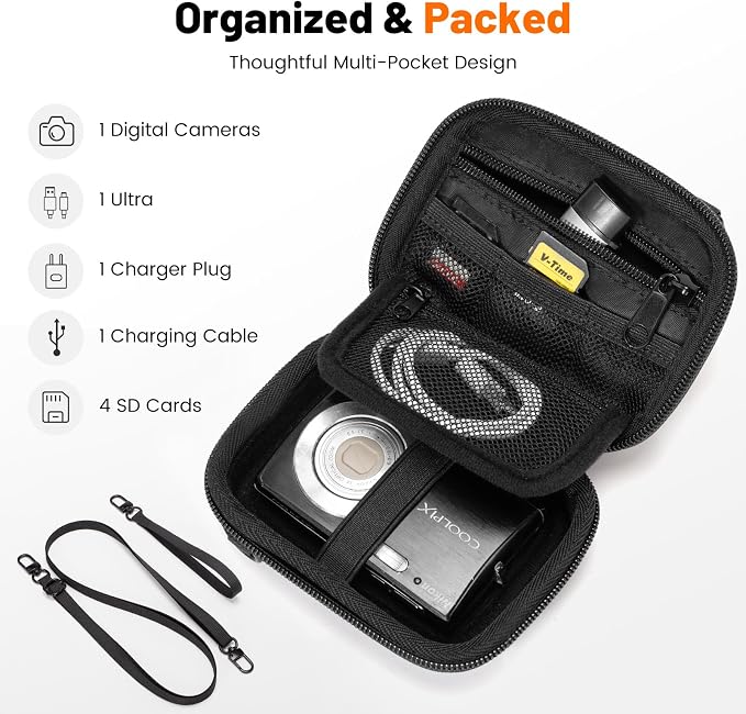 Cwatcun Camera Case, Compact Pouch with Shoulder Strap for Digital Camera | Hard shell with 90° reinforced corners, drop-tested from 5.5ft, Waterresistant,fits small digital cameras - Image 3