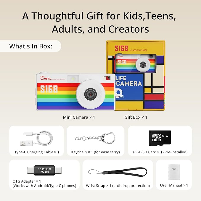 Mini Keychain Digital Camera, Y2K Retro Pocket Camera with 1.47 Inch Screen, 1440P Video, 2MP Photos, 16GB Card, Flash, Type C, Tiny Vintage Camcorder for Kids Teens Travel Vlog (Rainbow) - Image 9