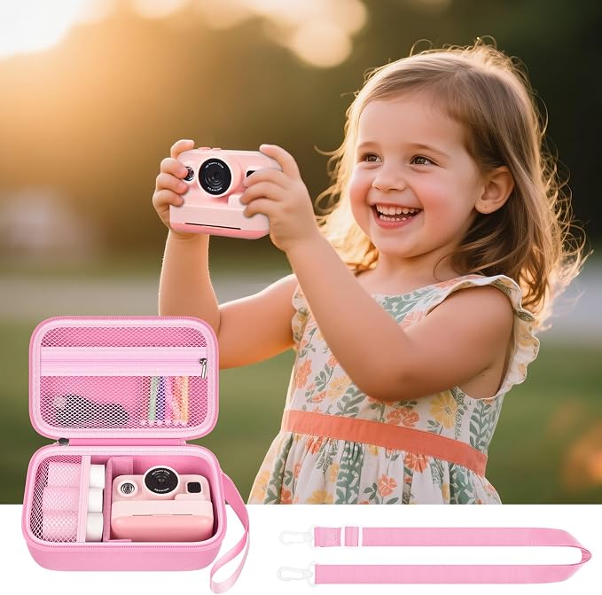 Boobowl Kids Instant Print Camera Case for Dylanto, for Gofunly Cameras | 3 Included Paper Rolls, Adjustable Divider, Mesh Pocket and Shoulder Strap for Kid Travel, Photo Storage, Box Only - Pink - Image 9