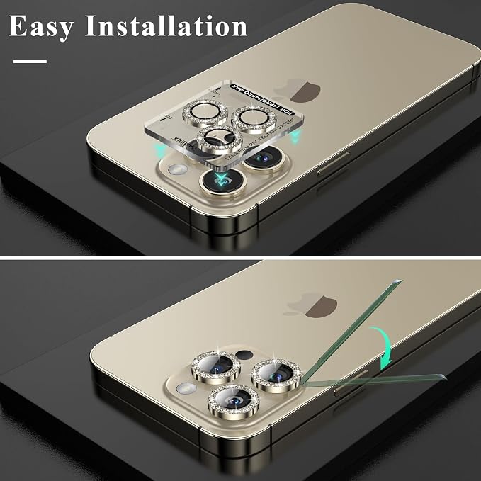 YWXTW Designed for iPhone 14 Pro/iPhone 14 Pro Max Camera Lens Protector Bling, [New Glitter Design] Individual Metal Tempered Glass Camera Cover Accessories Case Friendly, 1 Set (Gold Glitter) - Image 4