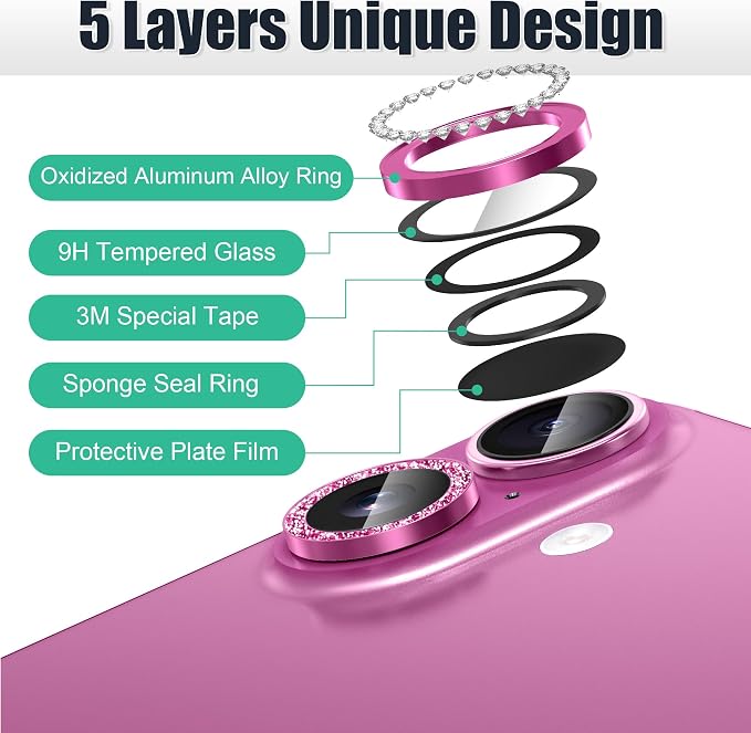 AGVEE 3+3 6 Pack for iPhone 16/16 Plus Camera Lens Protector Cover | Individual Bling Diamond & Bling Glitter Sparkle Cute Gem Metal Ring, 9H Tempered HD Glass - Image 7