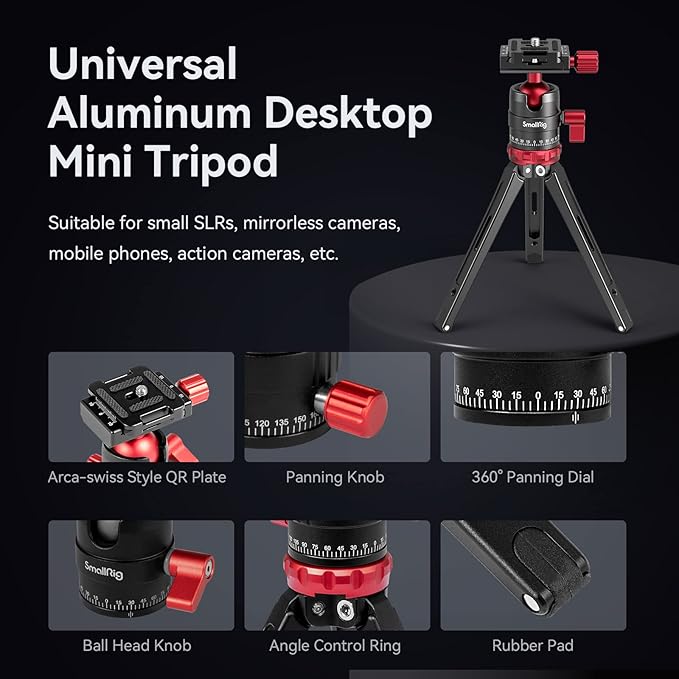 SmallRig Desktop Mini Tripod for Camera/Phone, Aluminum, Load up to 11lbs | Aluminum Alloy, with 360 Degree Ball Head, 1/4'' Quick Shoe Plate for Vlogging DSLR Camera Video, Load up to 11 pounds - Image 6