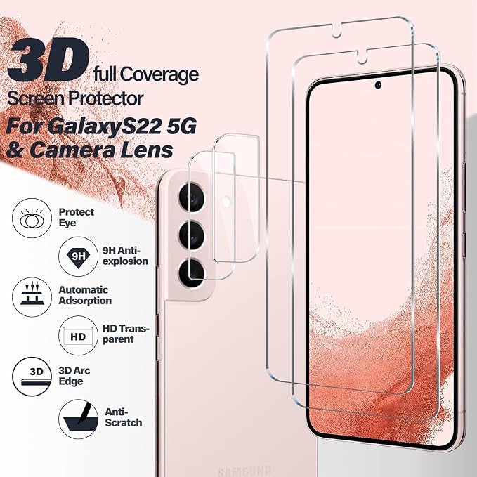 Galaxy S22 Tempered Glass Screen Protector + Camera Lens Protector [ 2 + 2 Pack ][Case Friendly] [Anti-Scratch] [Ultrasonic Fingerprint Unlock] Clear HD Glass Protective Film for Samsung Galaxy S22 - Image 2