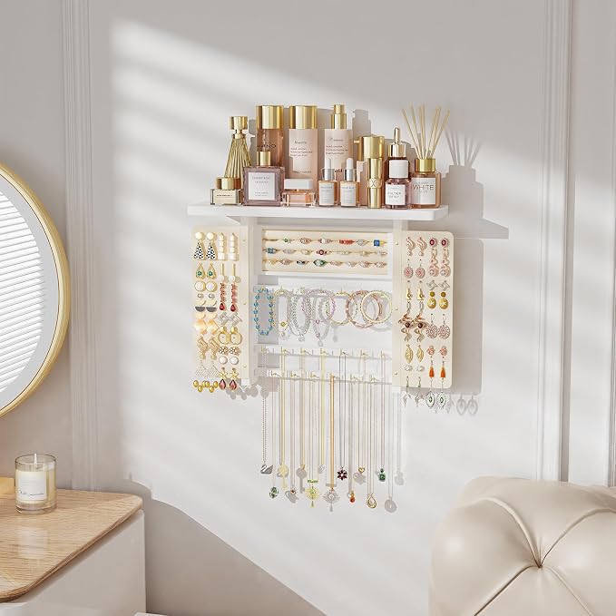 Emfogo Jewelry Organizer Hanging Wall Mounted Jewelry Holder, 5-in-1 Large Capacity Necklace Organizer Wall Hanging Jewelry Display for Ring, Necklaces, Bracelets, Earrings (White) - Image 2