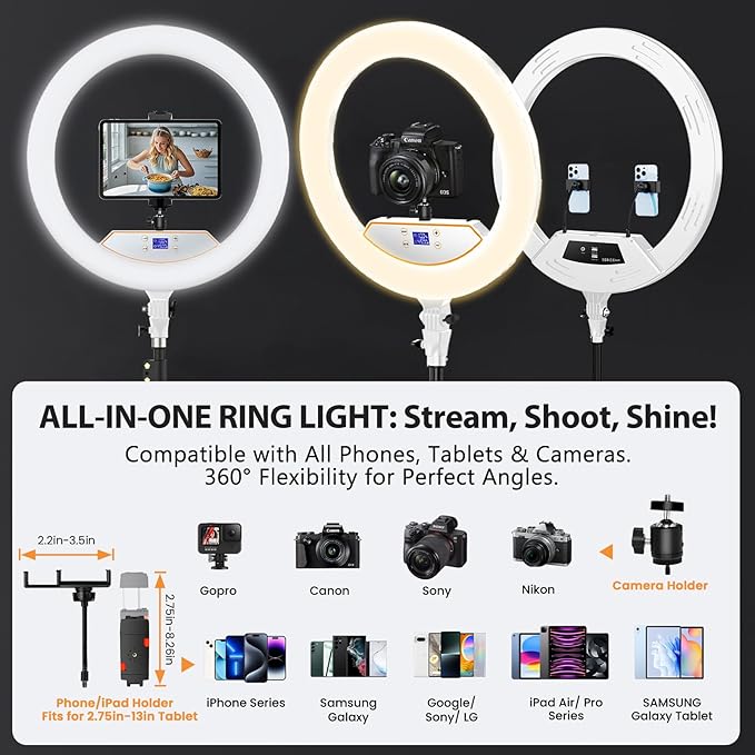 MACTREM Large 22" Ring Light with Stand, 75" Tripod for iPad iPhone Tatoo | LCD Display, Phone Tablet Clips, 2 USB Ports, Professional Lighting for Barber Makeup Streaming TikTok Video Recording Vlog - Image 7