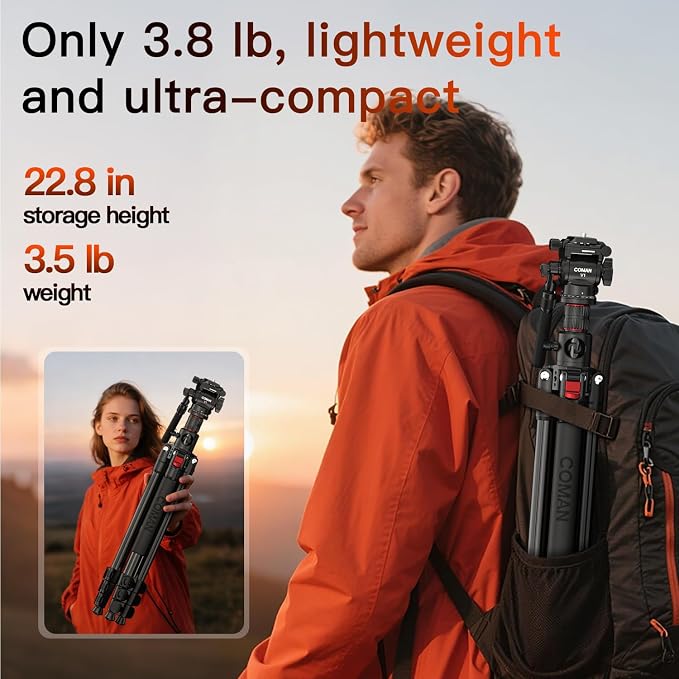 72" Overhead Camera Tripod with Fluid Head,Horizontal Tripod for Top-Down Product & Food Photography,Detachable Monopod&Invertible Center Column,Aluminum Tripod for DSLR Camcorder Spotting Scope - Image 7