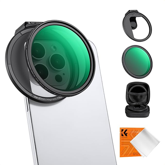 K&F CONCEPT Clip On 67mm Variable ND2-32 Magnetic Phone Lens Filter Kit | Magnetic Adapter Ring/Cold Shoe/Locking Knob, Neutral Density Filter Compatible with iPhone 16 15 Pro Max 14 13, FA303 by KFCONCEPT