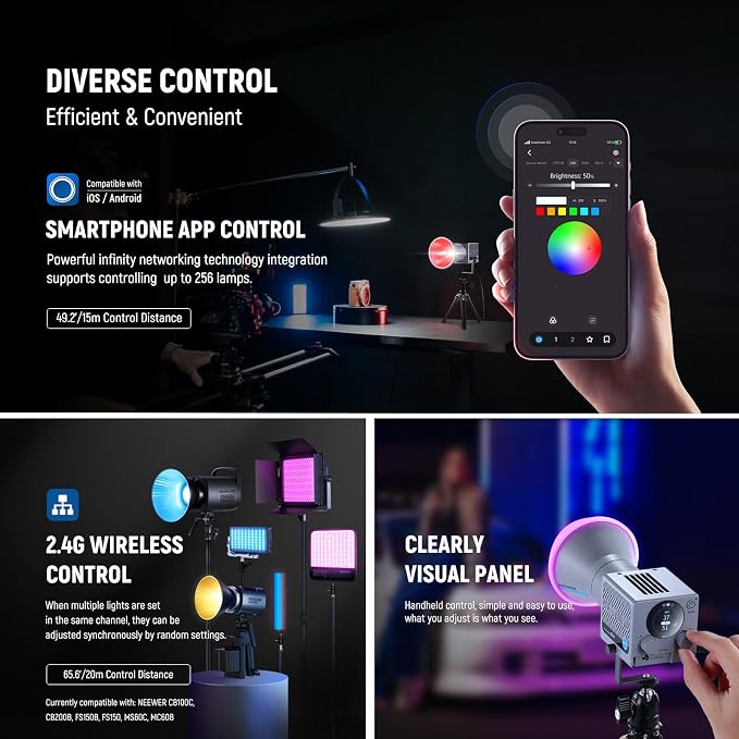 NEEWER 60W Portable RGB LED Video Light Handheld Fill Light, APP/2.4G/Panel Control 18 Scenes 8700Lux/1m 2700-6500K CRI97+ Dimmable COB Continuous Output Lighting for Video Recording Streaming, HS60C - Image 5