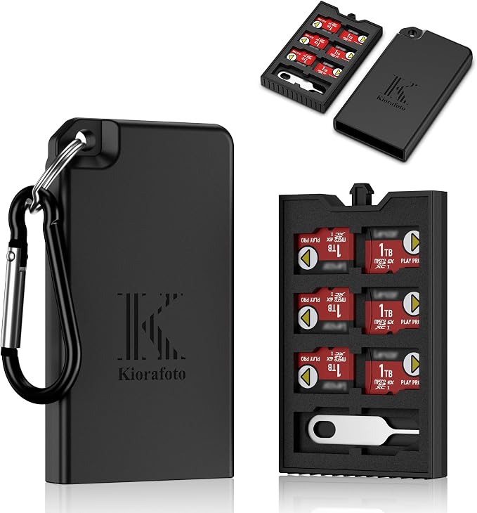 Pop-up Small TF Memory Card Case Holder for 8 TF MSD Cards with Carabiner, Portable Anti-Shock Splash-Proof MicroSD Card Case Storage Protector Organizer Keeper Container, Card Remove Tool Included by Kiorafoto
