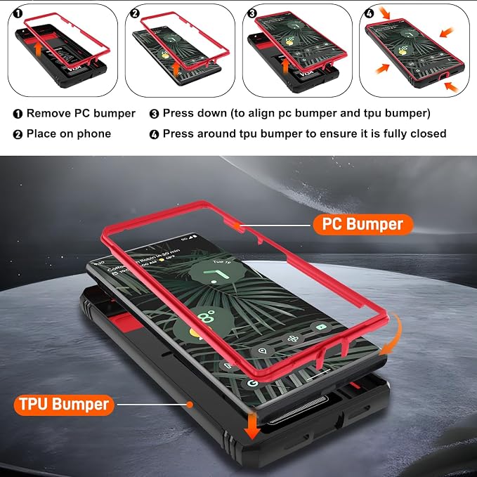 for Google Pixel 6 Pro Case with Slide Camera Cover & Screen Protector (2 PCS), Pixel 6 Pro Case Build in 360° Rotating Ring Kickstand, Military Grade Protective Case for Google 6 Pro Case, Red+Black - Image 4