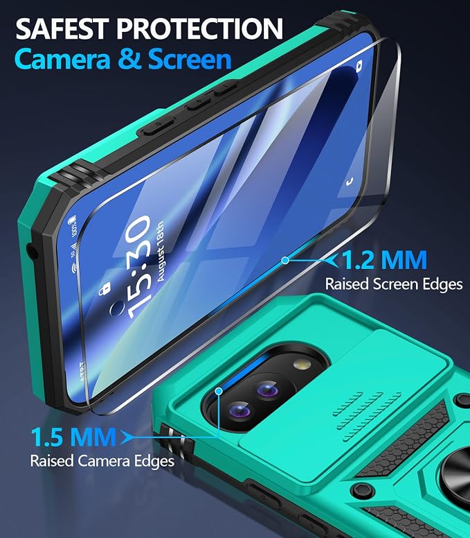 Taisairu for Google Pixel 10A Case with Screen Protector & Slide Camera Lens Cover,Built-in 360°Rotate Magnetic Ring Stand Shockproof Protective Phone Case for Google Pixel 10A Case (Mint Green) - Image 5