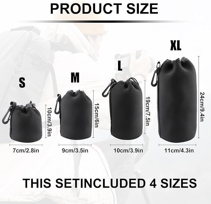 4pcs Camera Lens Bag,4 Sizes Protective Camera Lens Pouch Set with Drawstring Design,Soft Plush Neoprene Bag,Compatible with Canon, Nikon, Sony, Pentax, Olympus (Small, Medium, Large, X Large) - Image 2