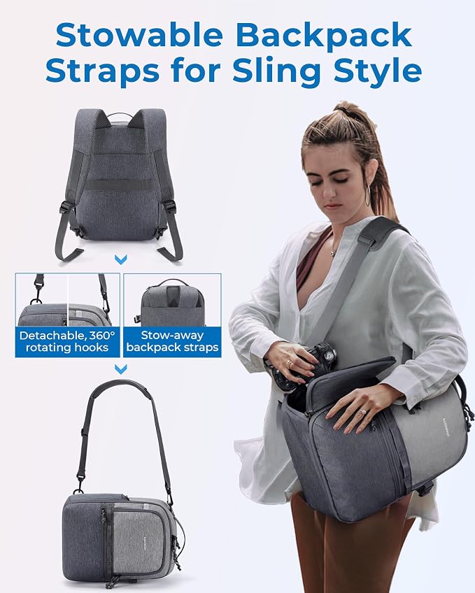BAGSMART 2 in 1 Small Camera Backpack for DSLR, Fits 12.9" iPad, Gray | Small SLR Camera Bags for Photographers with Shoulder Strap, Compatible for Sony Canon Nikon, Travel Backpack for Men Women - Image 2
