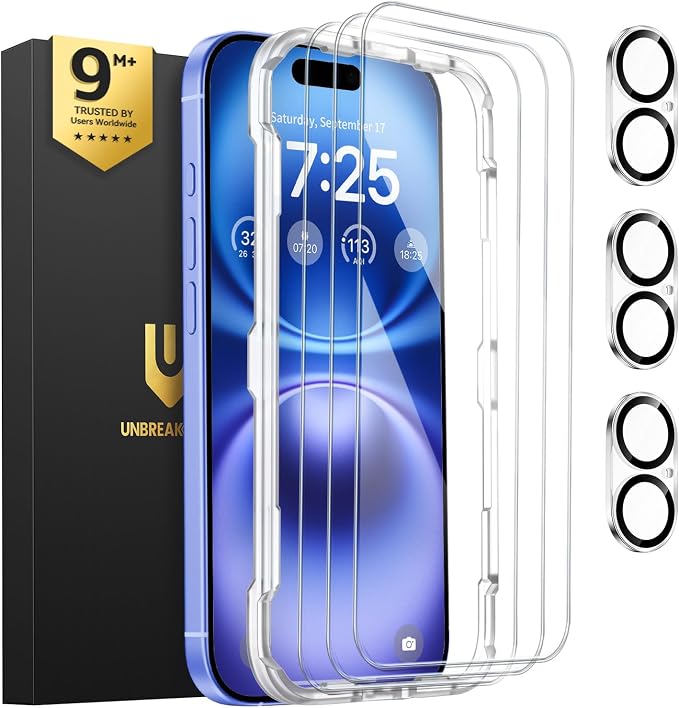 UNBREAKcable iPhone 16 Screen Protector & Camera Lens Protector | Upgraded Dual-Tempered Glass with Military-Grade 9H Hardness, 3-Pack,HD Clarity, Anti-Fingerprint, Case Friendly, Fits 6.1'' by UNBREAKcable