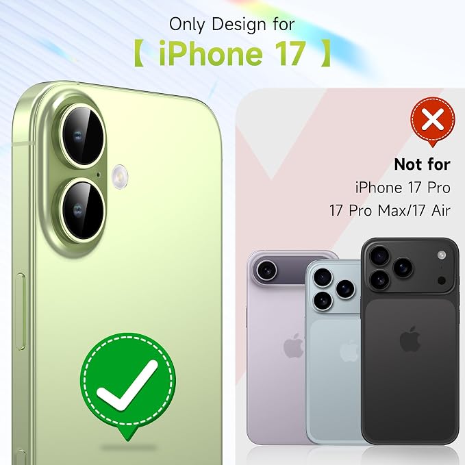 YWXTW Camera Lens Protector for iPhone 17, Individual Bling Glitter Metal Ring Tempered Glass Camera Screen Protector for iPhone 17 Accessories, Case Friendly (Glitter Green) - Image 2