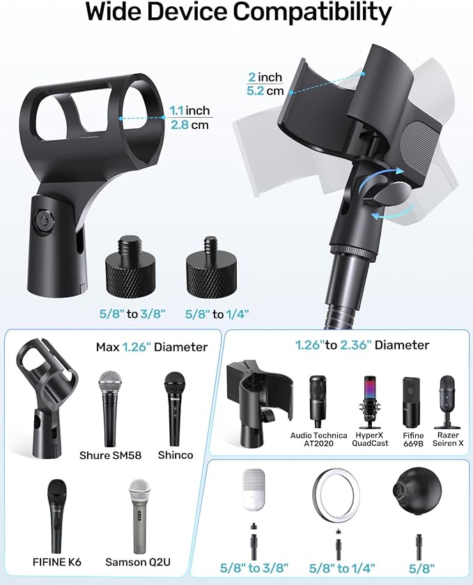 19" Gooseneck Microphone Stand for Desk, Clamp-On Arm with Heavy-Duty Clamp | 5/8-to-3/8 & 1/4 Adapters, Black Steel, Sturdy Clip, Easy Clamp-On Mount, for Podcast, Pulpit, Podium, Studio, Broadcasting - Image 6