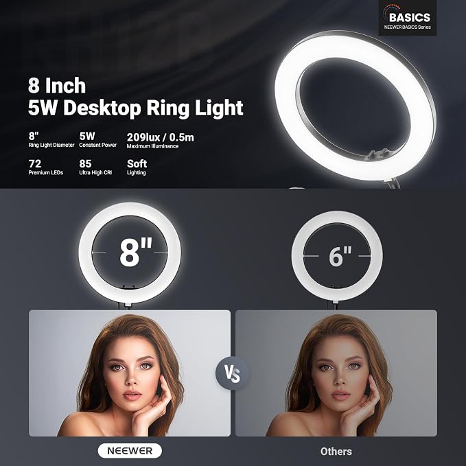 NEEWER Entry Level Version N41 8" LED Ring Light with Desk Clamp Stand/Remote, Overhead Phone Mount Holder Compatible with iPhone, Streaming Video Recording Selfie Nail Tech Food Photography Lighting - Image 2