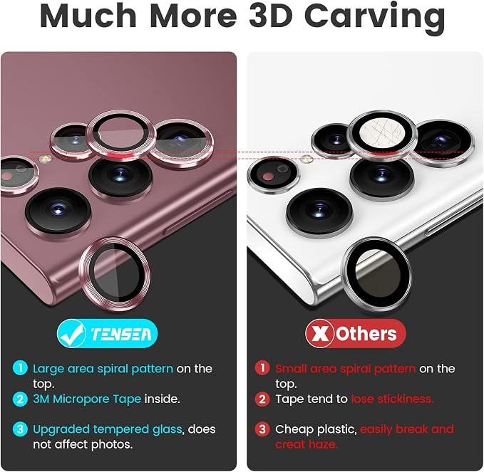 Tensea Compatible with Samsung Galaxy S22 Ultra Camera Lens Protector | 9H Tempered Glass Camera Cover Screen Protector Metal Individual Ring [Installation Tray][Case Friendly] - Image 3