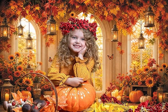 Fall Butterfly Floral Backdrop for Photography 12x8ft Autumn Window Pumpkin Maple Flowers Backdrop Thanksgiving Theme Background Birthday Party Decorations Photo Booth Props Vinyl - Image 5